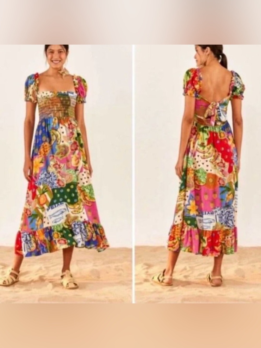 NEW Farm Rio Sunny Mix Midi Dress Size XL Tropical Print Puff Sleeves Tie Back